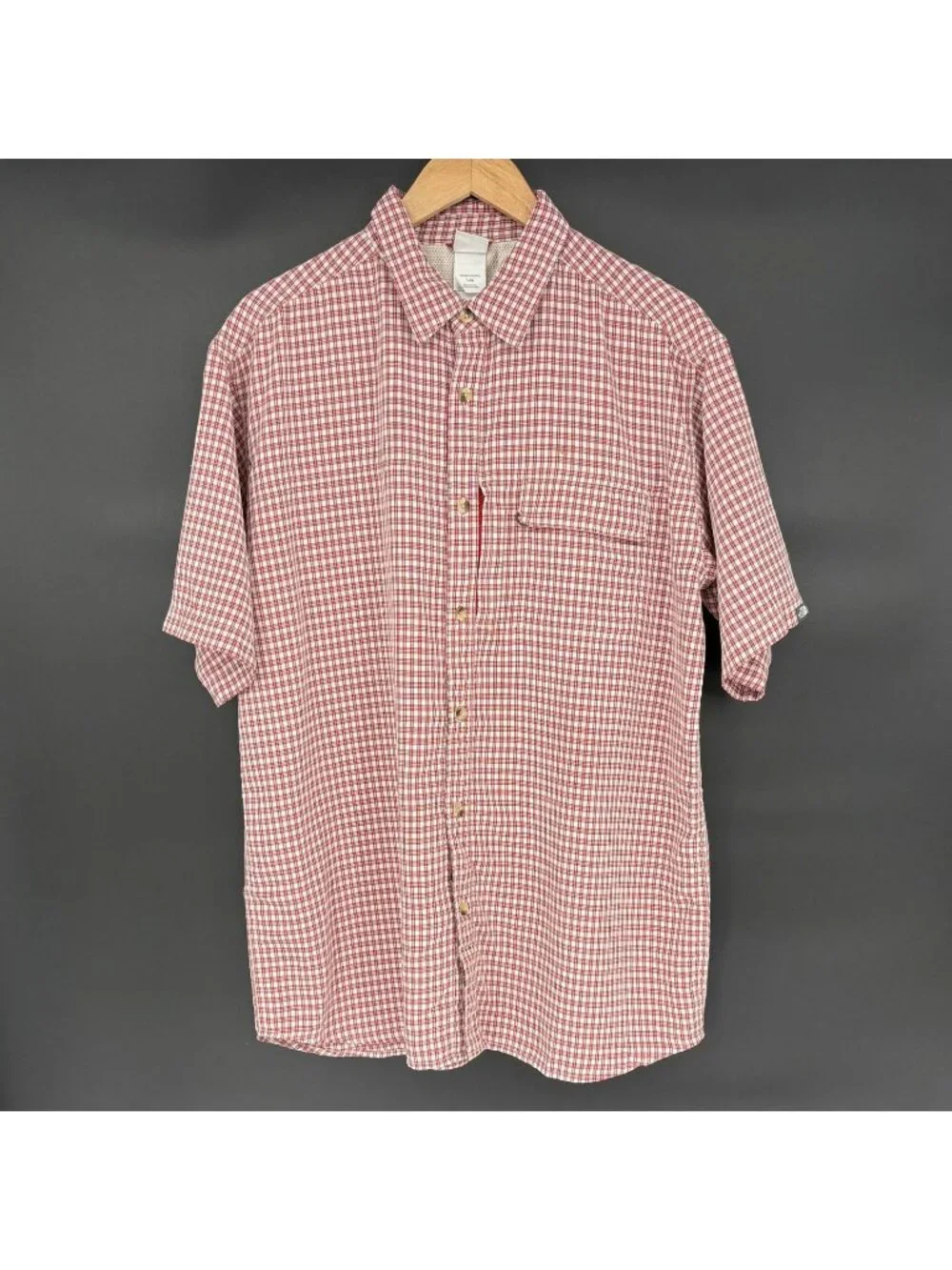 The North Face Men's Short Sleeve Plaid Shirt L Red Modal Zip Pocket Outdoor